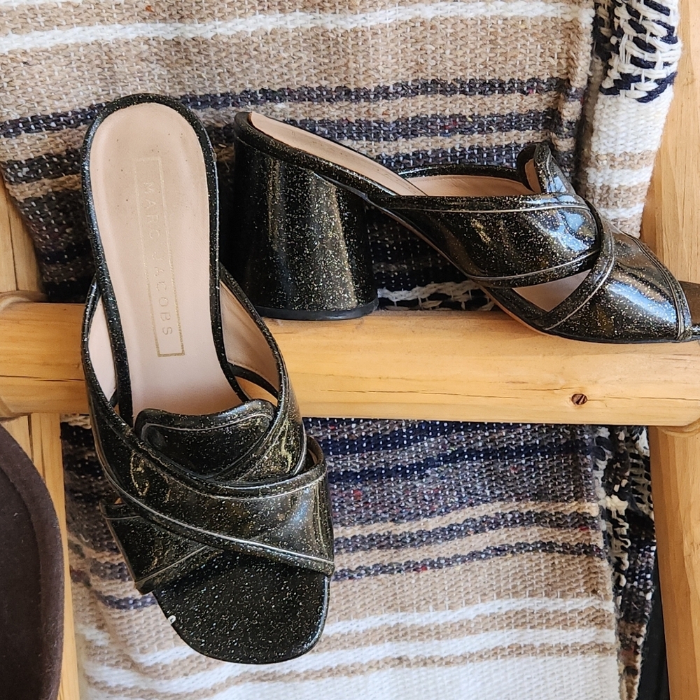 Marc Jacobs Black Glitter Mules
